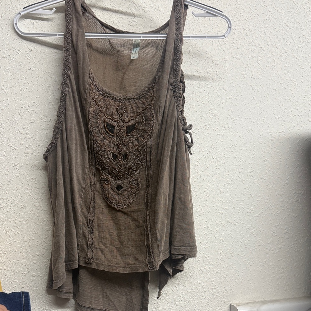 Free People Brown Embroidered Tank Top